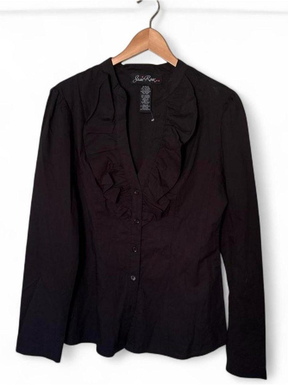 Vintage Susie Rose Black Ruffle Button Down Shirt Victorian Gothic Dark Academia